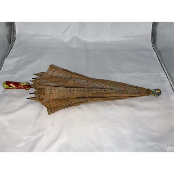 ANTIQUE VICTORIAN PARASOL PINK ORANGE YELLOW BLUE STRIPED MARBILIZED HANDLE - Picture 11 of 12